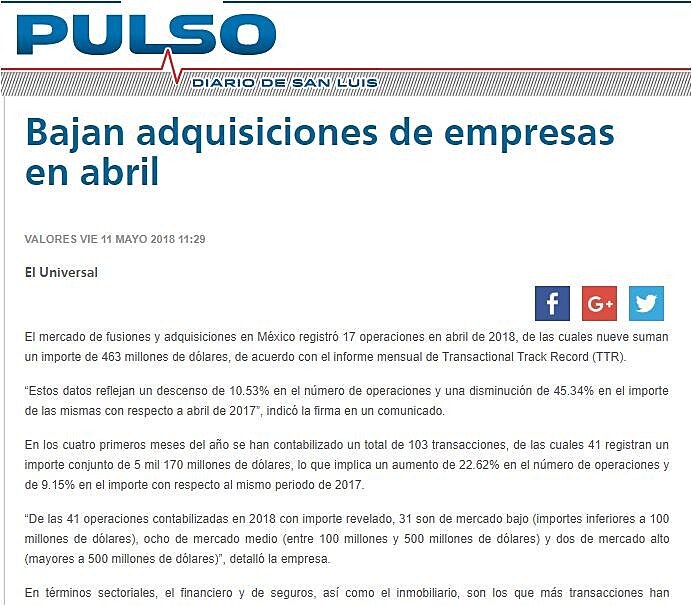 Bajan adquisiciones de empresas en abril